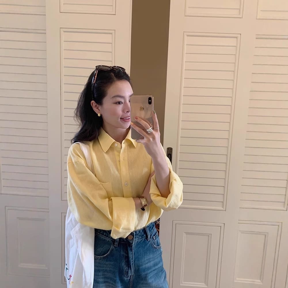 Yellow 100 cotton and linen shirt for women 2025 spring and autumn Korean version versatile thin sun protection shirt chic top 3