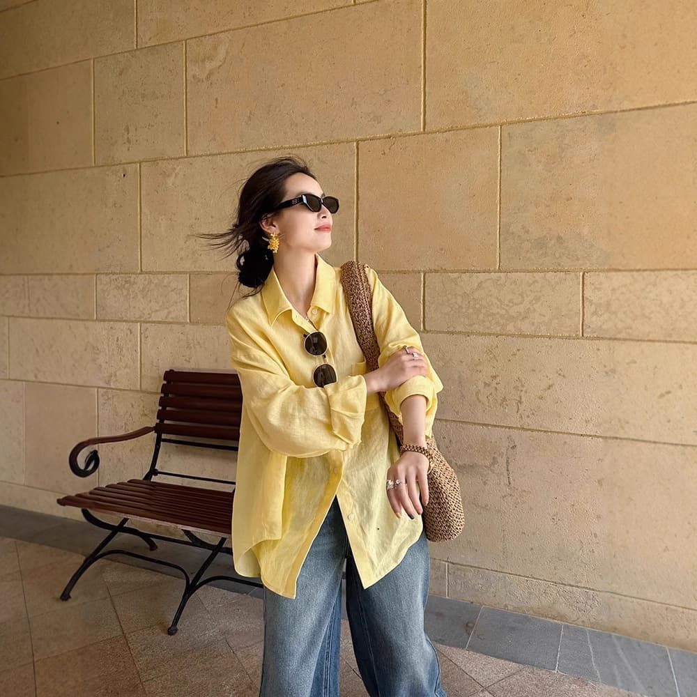 Yellow 100 cotton and linen shirt for women 2025 spring and autumn Korean version versatile thin sun protection shirt chic top 4