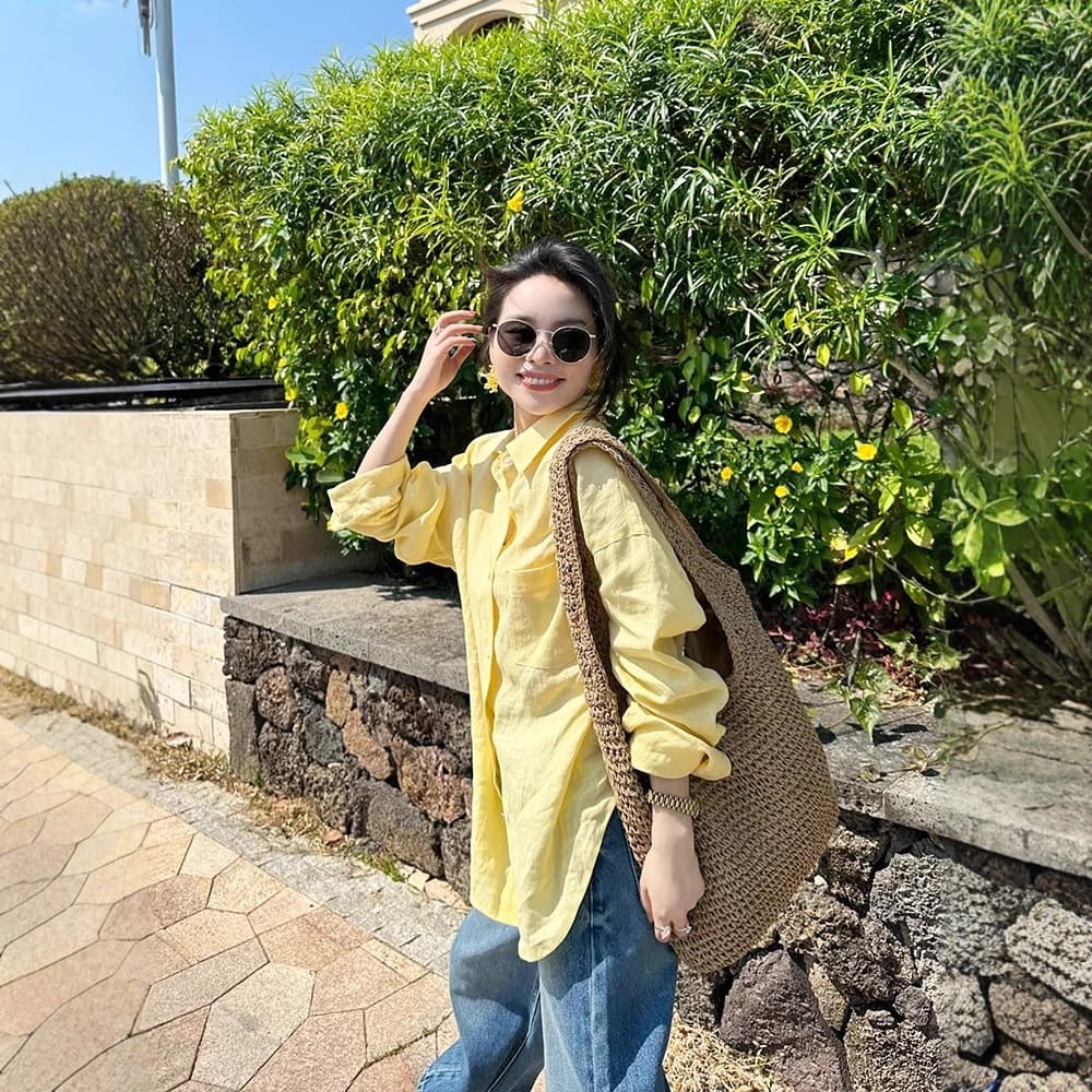 Yellow 100 cotton and linen shirt for women 2025 spring and autumn Korean version versatile thin sun protection shirt chic top 5