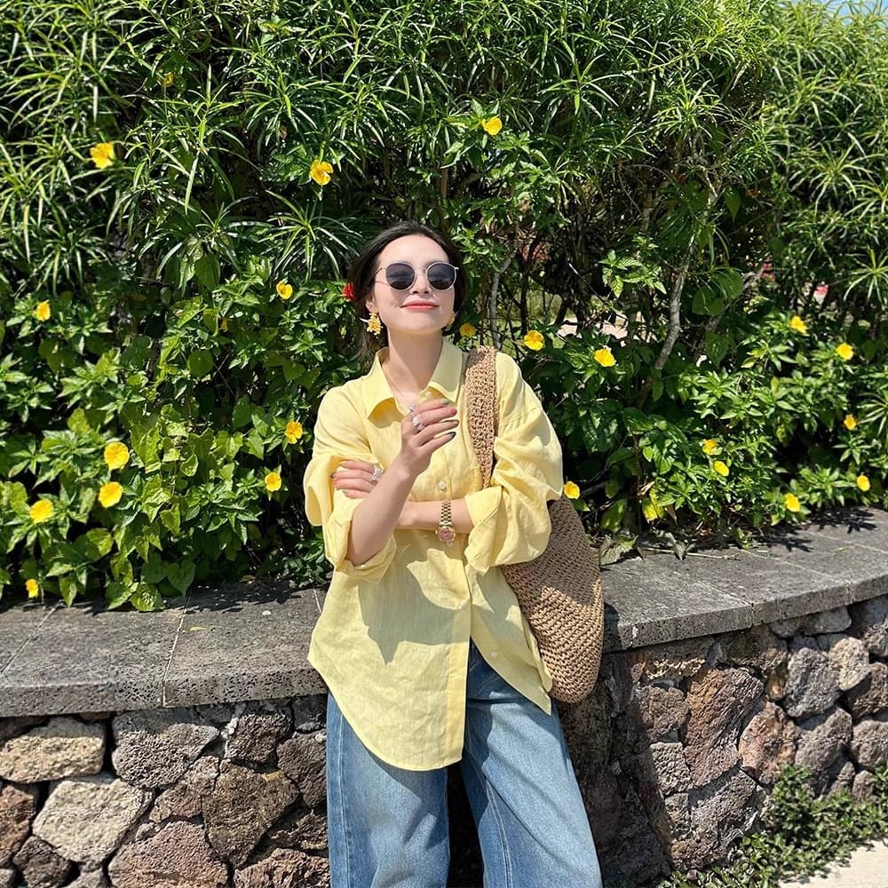 Yellow 100 cotton and linen shirt for women 2025 spring and autumn Korean version versatile thin sun protection shirt chic top 1