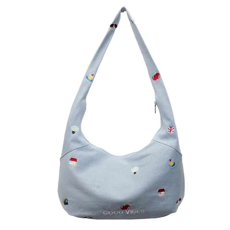 Large-capacity class canvas bag for women's literary commuter zipper bag crossbody bag versatile embroidered denim tote bag 6