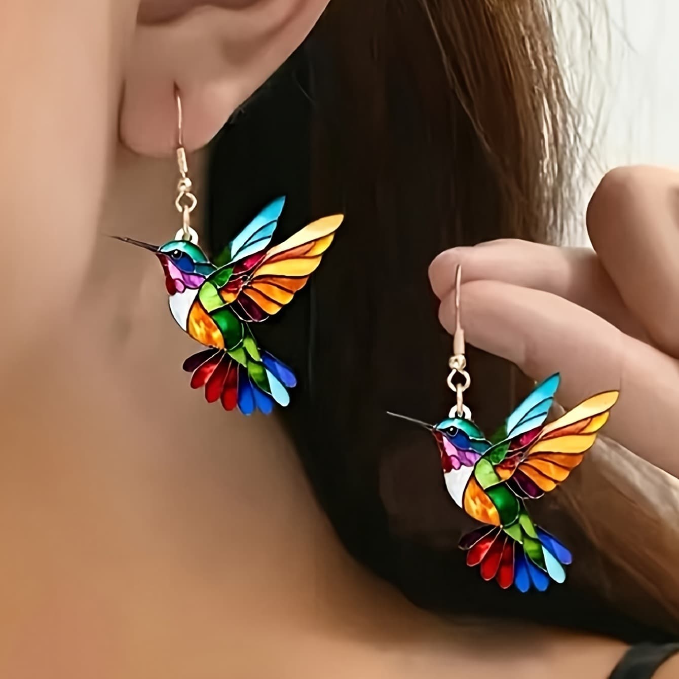 Pair of Bohemian Vintage Hummingbird Earrings - Lightweight Acrylic Drop Earrings with Gold Hooks, Colorful 2