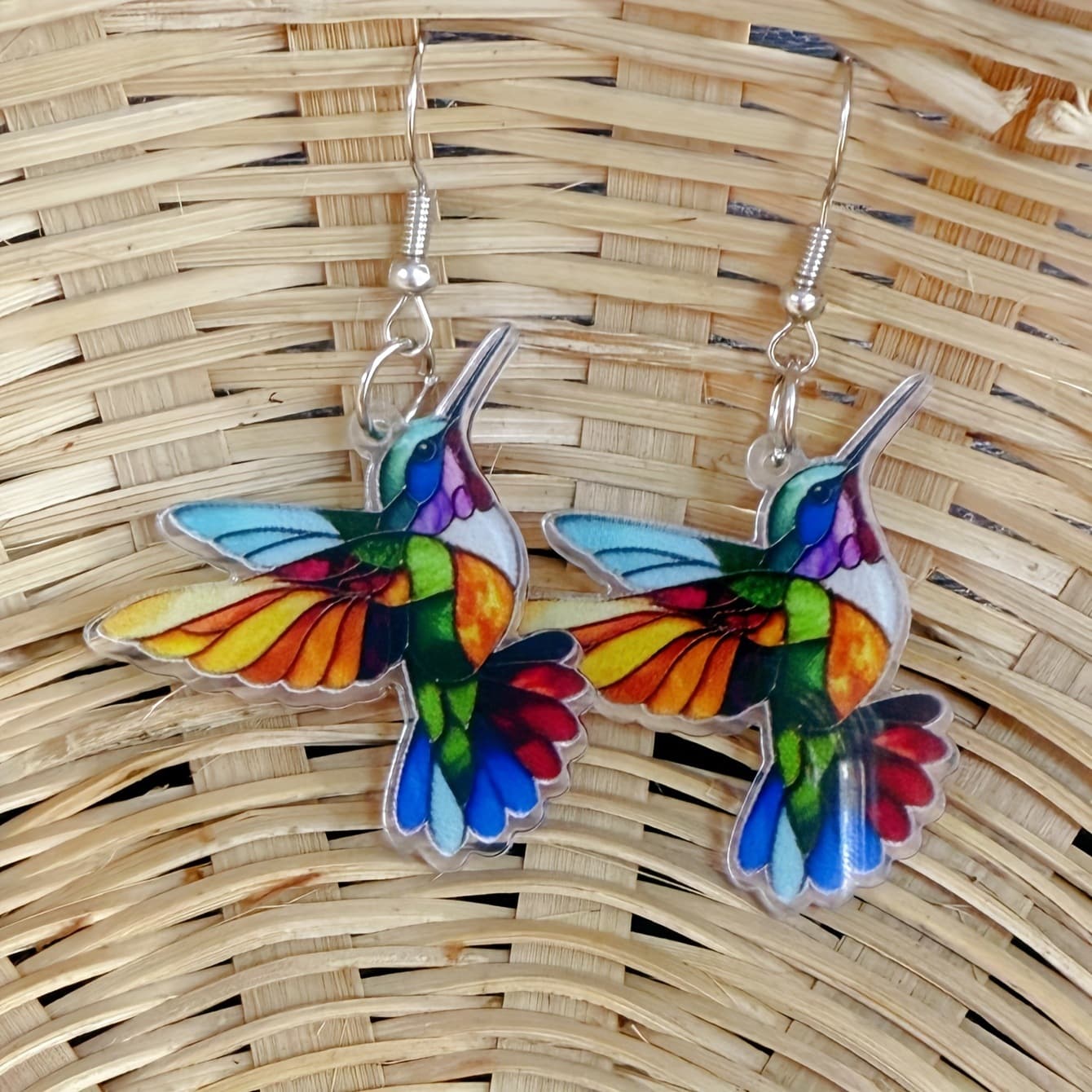 Pair of Bohemian Vintage Hummingbird Earrings - Lightweight Acrylic Drop Earrings with Gold Hooks, Colorful 4