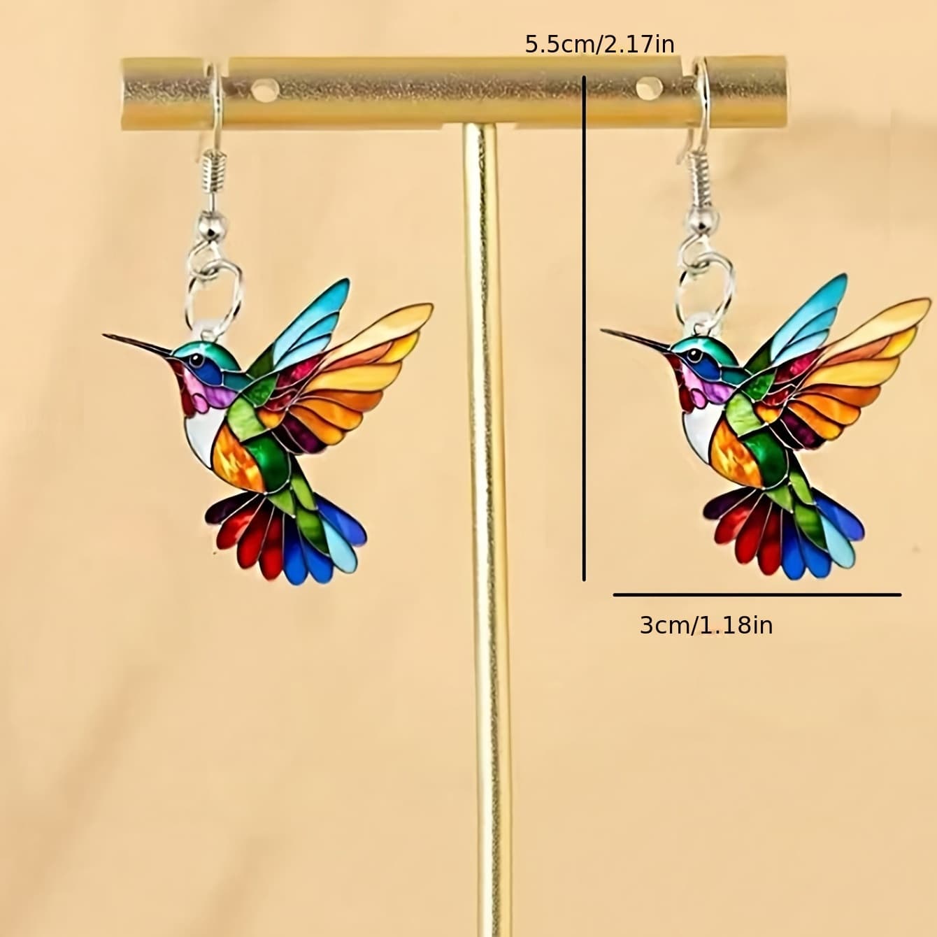 Pair of Bohemian Vintage Hummingbird Earrings - Lightweight Acrylic Drop Earrings with Gold Hooks, Colorful 9