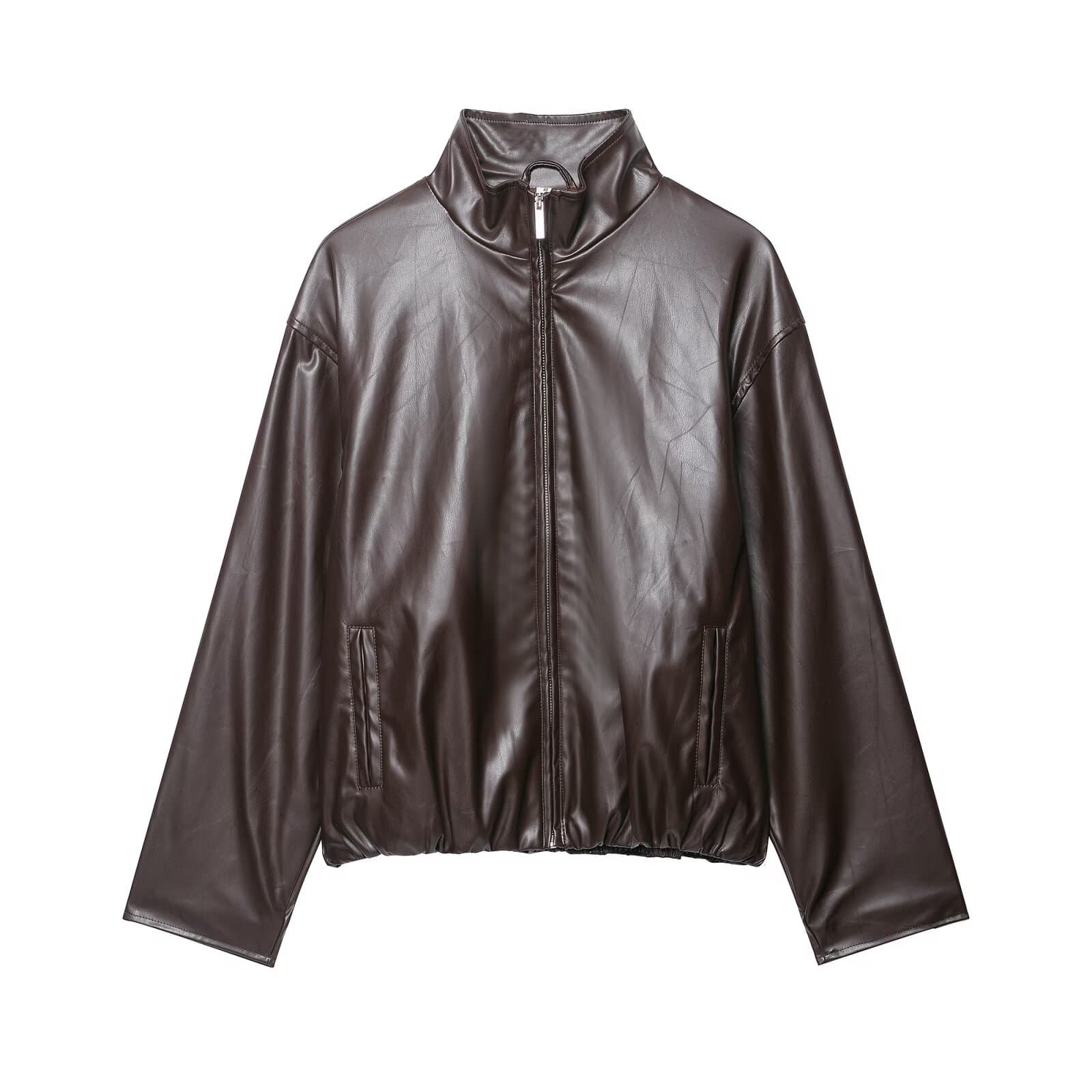 ZA foreign trade wholesale European and American style French women's clothing American retro leather skirt stand-up collar leather jacket suit 8