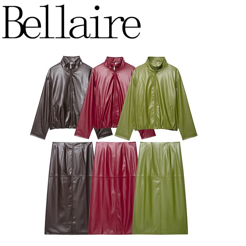 ZA foreign trade wholesale European and American style French women's clothing American retro leather skirt stand-up collar leather jacket suit 1