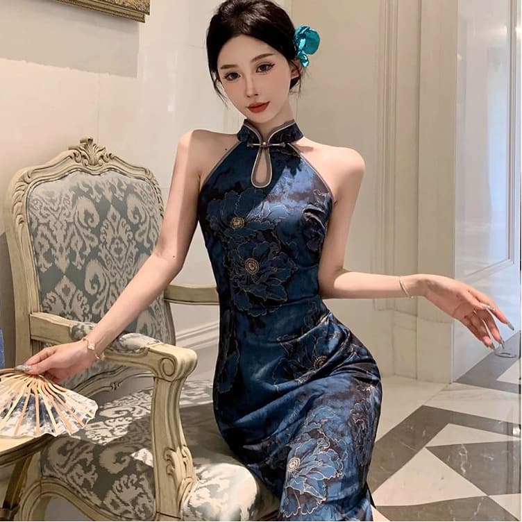 New Chinese style socialite elegant retro printed slit improved cheongsam dress slit sleeveless button dress for women 2