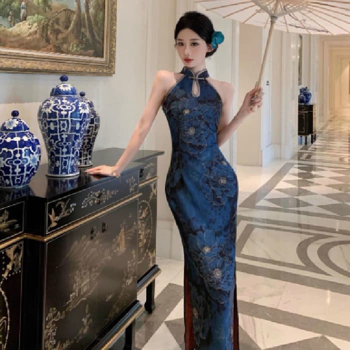 New Chinese style socialite elegant retro printed slit improved cheongsam dress slit sleeveless button dress for women 7