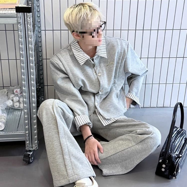 Korean style striped patchwork shirt collar fake two-piece jacket for men autumn and winter college style casual cardigan sweatshirt 3