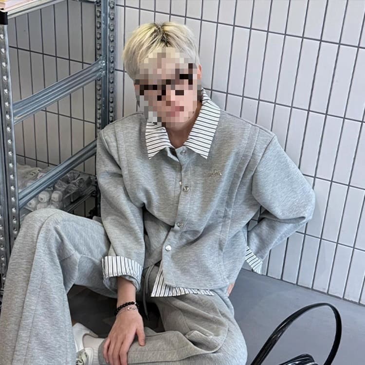 Korean style striped patchwork shirt collar fake two-piece jacket for men autumn and winter college style casual cardigan sweatshirt 1