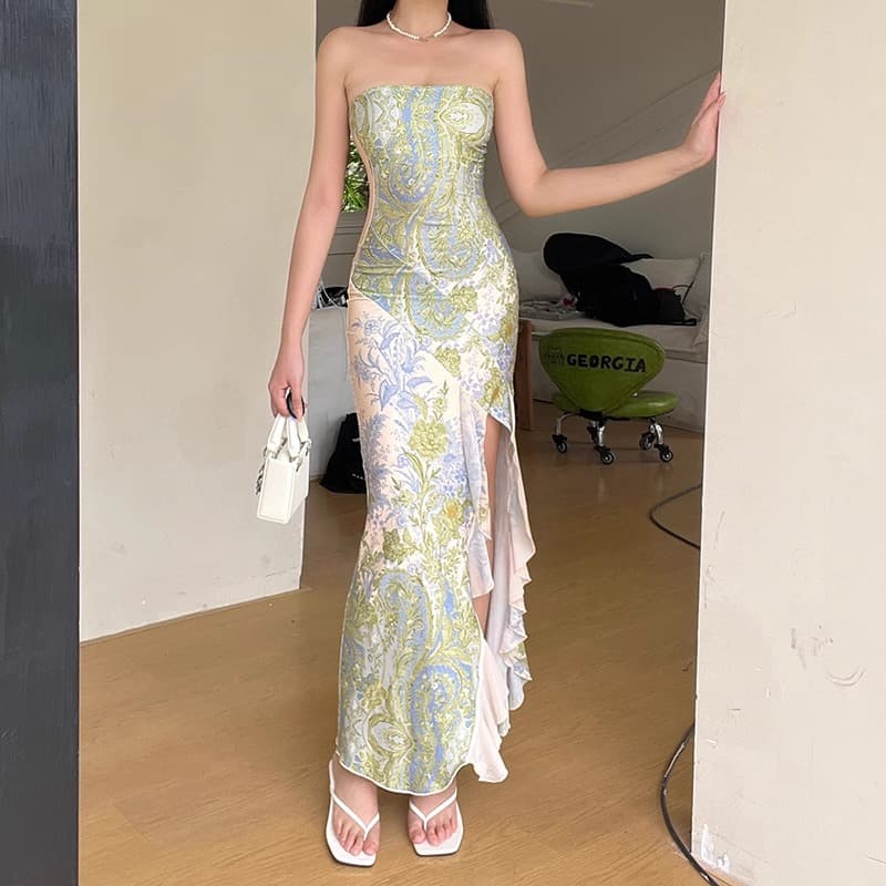 Cross-border retro high-end party banquet dress cheongsam new Chinese style floral beautiful tube top dress for women 2