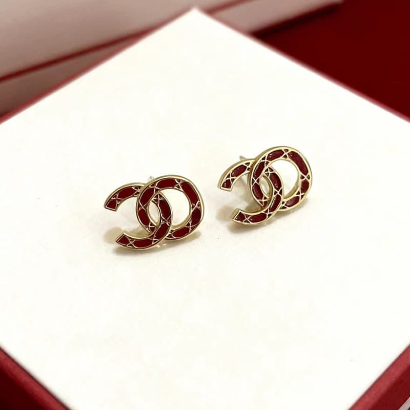 Small fragrant style rhombus pattern pink black oil dripping half rhombus earrings for women light luxury fragrant grandma double c ear jewelry exquisite 7