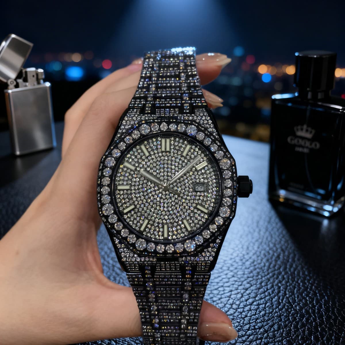 European and American style men's fully automatic mechanical watch with all diamonds and inlays, elegant, luxurious and light luxury 4
