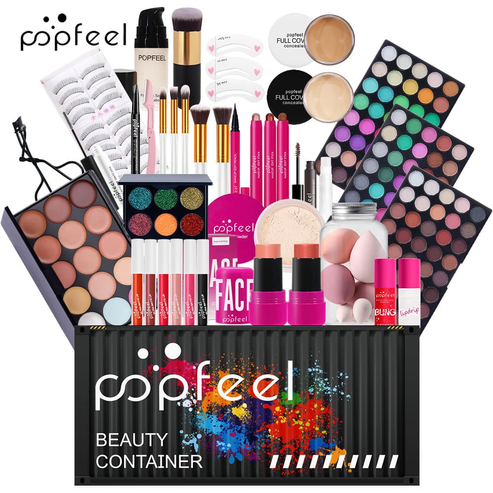 POPFEEL full set of women's cosmetics container-packed eye shadow, lip gloss, lipstick, foundation, puff and other makeup tools 1
