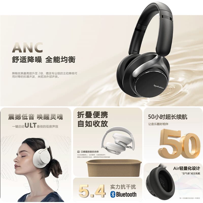 Huaqiangbei headphones ANC noise reduction subwoofer wireless Bluetooth head-mounted MSB13 over-ear headset factory direct supply 3