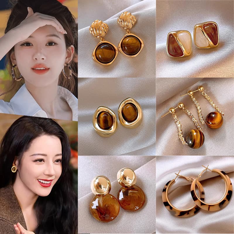 Popular Maillard retro coffee color earrings for women Hong Kong style light luxury temperament high-end earrings internet celebrity same style ear jewelry 1