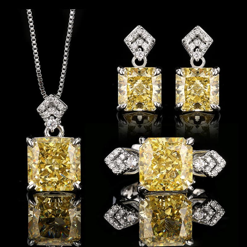 Jewelry jewelry set square high carbon diamond yellow diamond women's earrings ring necklace niche high-end versatile wholesale 2
