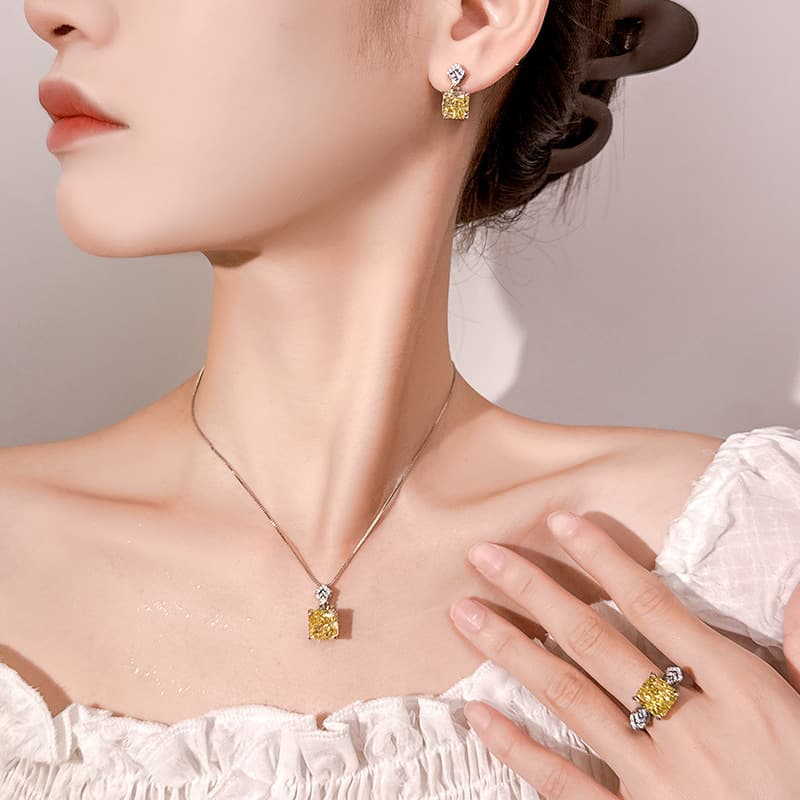 Jewelry jewelry set square high carbon diamond yellow diamond women's earrings ring necklace niche high-end versatile wholesale 3