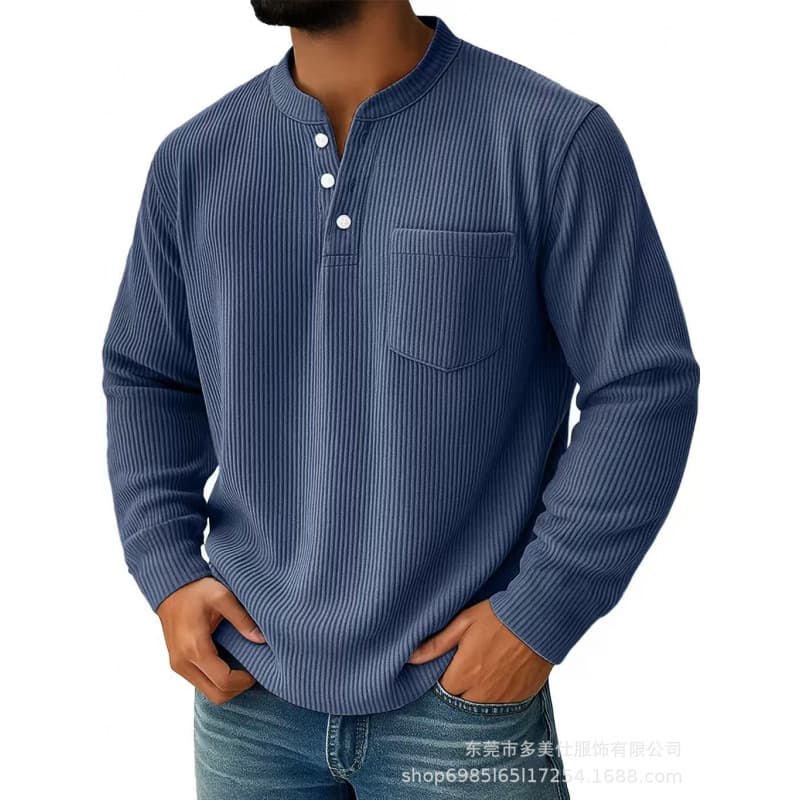 2025 European and American autumn and winter new men's solid color corduroy three-button Henry collar men's long-sleeved tops polo shirt 10