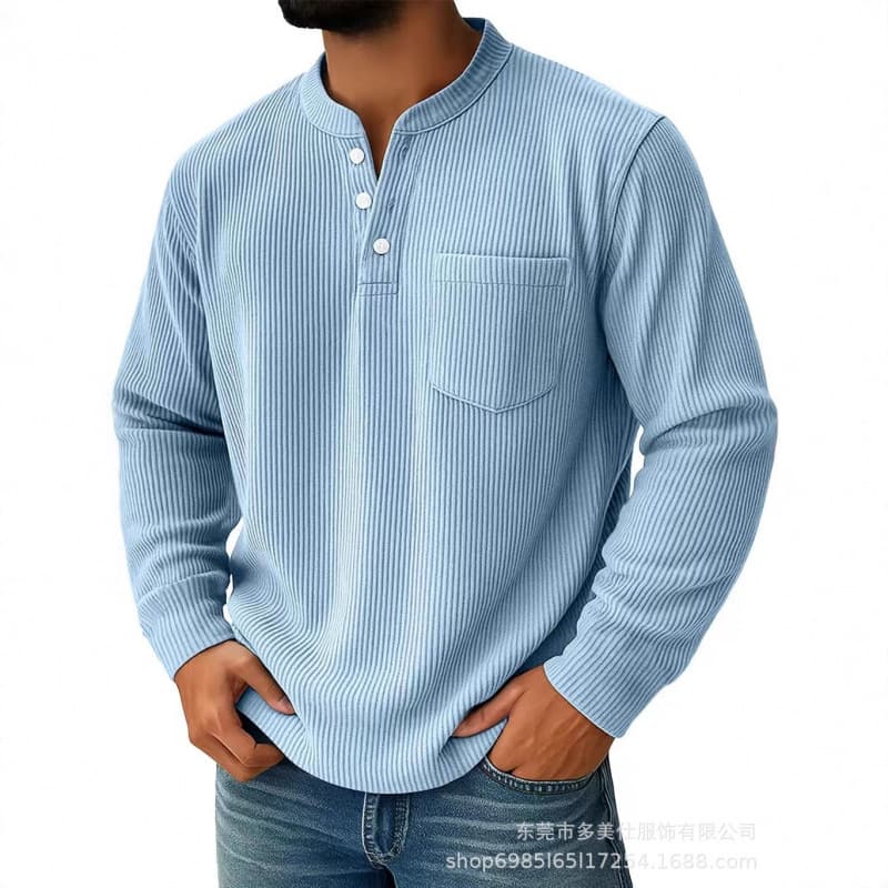 2025 European and American autumn and winter new men's solid color corduroy three-button Henry collar men's long-sleeved tops polo shirt 1