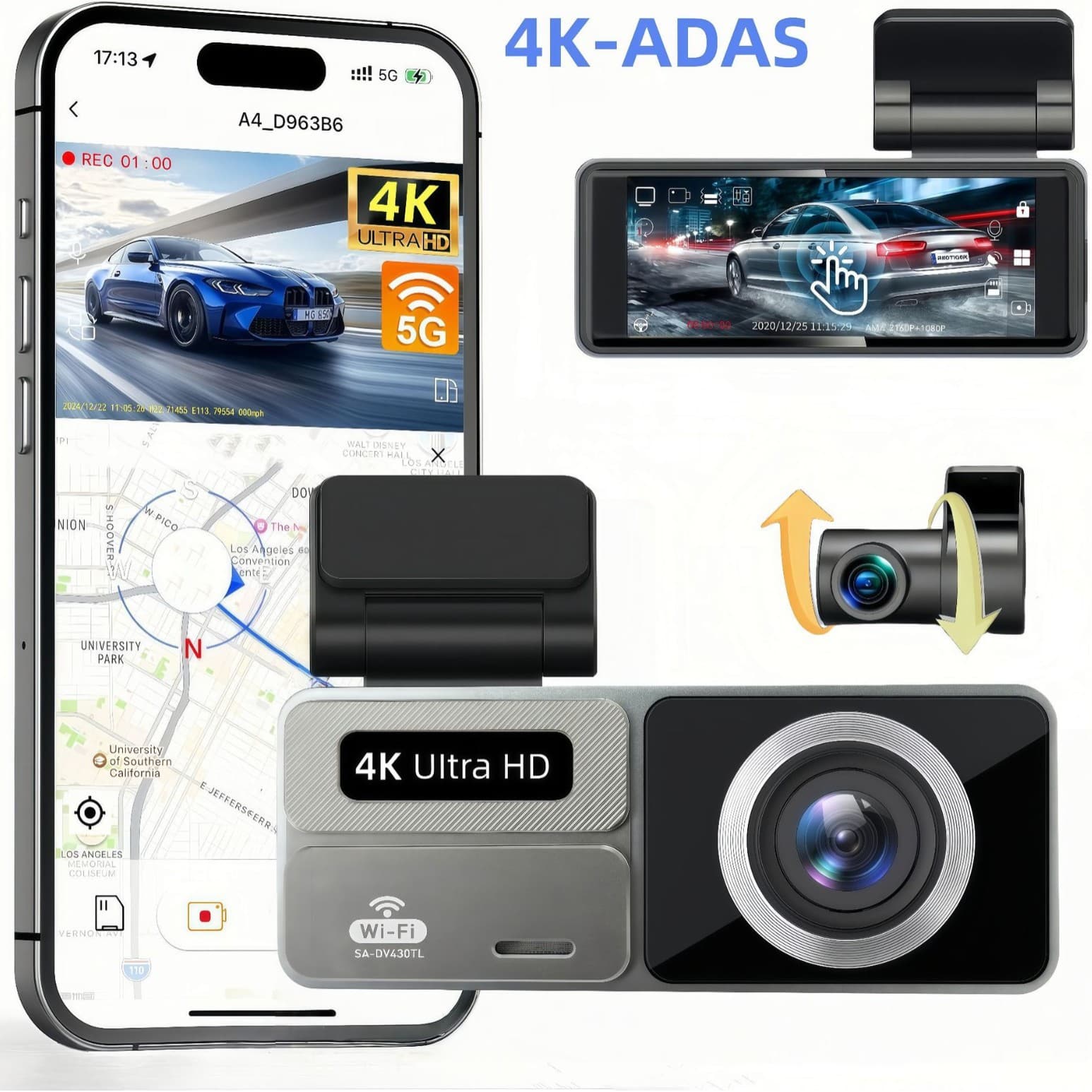 5G, WIFI, driving recorder, 4K+2K. Dash Cam ADAS, 3" IPS Screen, 24H 6