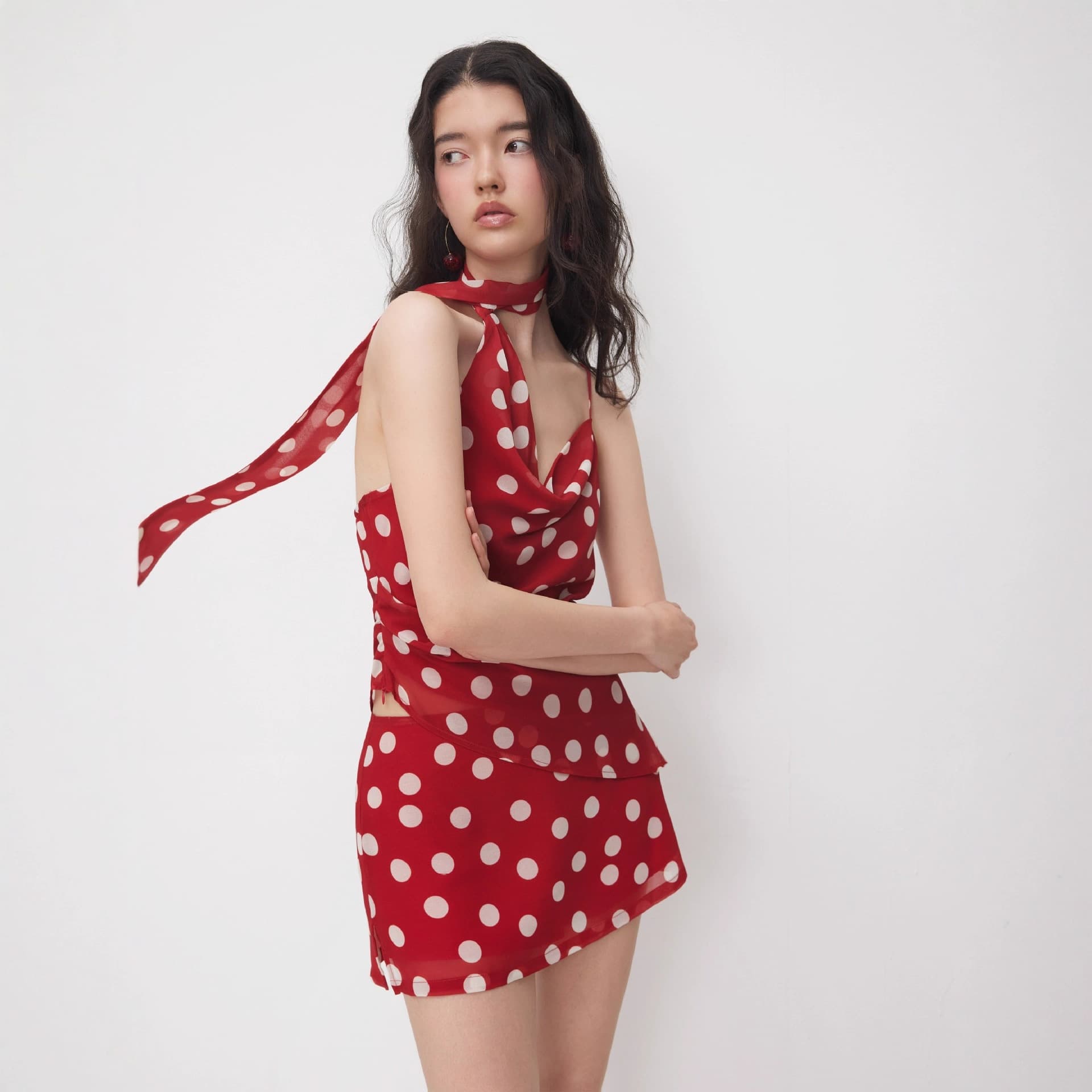 European and American cross-border summer sexy fashion slim polka dot two-piece elegant top suspender skirt women's suit 1