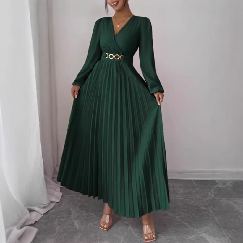 Cross-border popular V-neck dress for all seasons, European and American long-sleeved dress, v-neck metal accessories fashionable and elegant dress 3