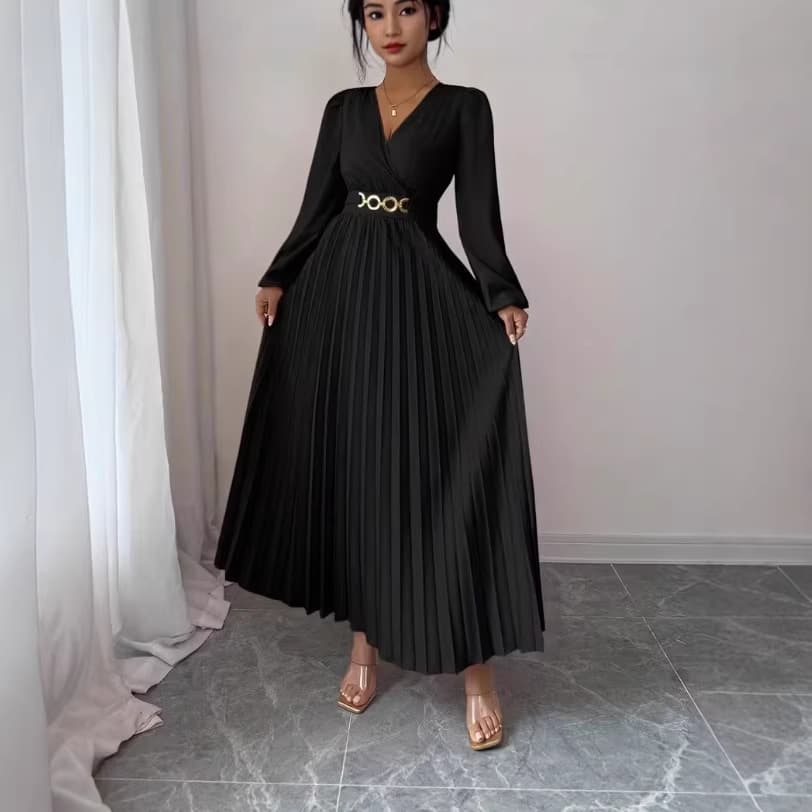 Cross-border popular V-neck dress for all seasons, European and American long-sleeved dress, v-neck metal accessories fashionable and elegant dress 4