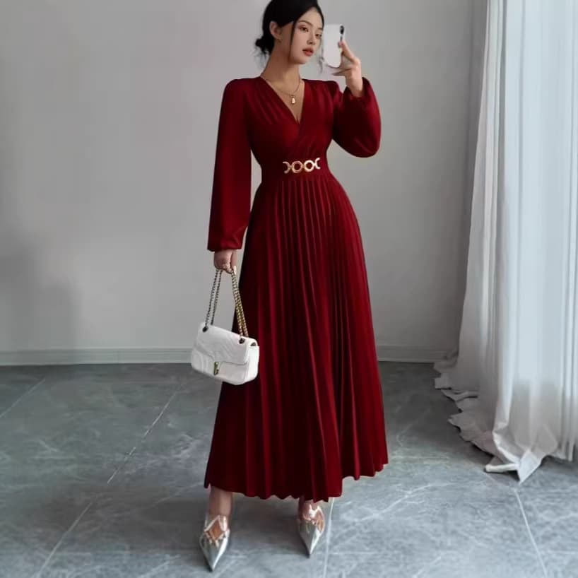 Cross-border popular V-neck dress for all seasons, European and American long-sleeved dress, v-neck metal accessories fashionable and elegant dress 5