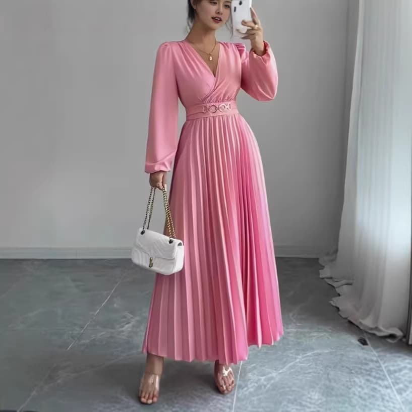 Cross-border popular V-neck dress for all seasons, European and American long-sleeved dress, v-neck metal accessories fashionable and elegant dress 6