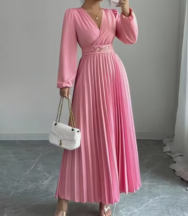 Cross-border popular V-neck dress for all seasons, European and American long-sleeved dress, v-neck metal accessories fashionable and elegant dress 7