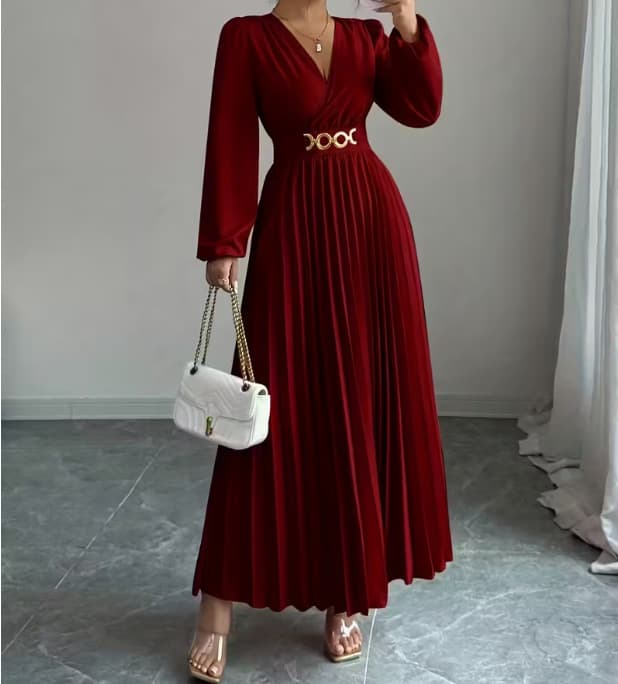 Cross-border popular V-neck dress for all seasons, European and American long-sleeved dress, v-neck metal accessories fashionable and elegant dress 8