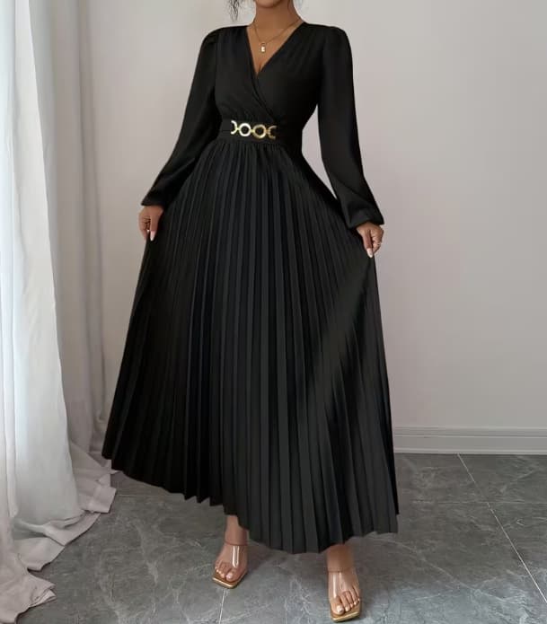 Cross-border popular V-neck dress for all seasons, European and American long-sleeved dress, v-neck metal accessories fashionable and elegant dress 9