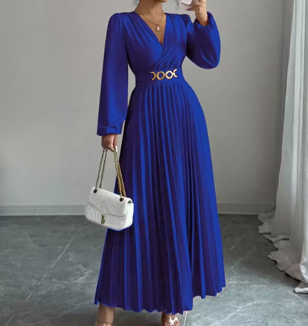Cross-border popular V-neck dress for all seasons, European and American long-sleeved dress, v-neck metal accessories fashionable and elegant dress 10