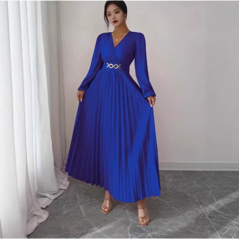 Cross-border popular V-neck dress for all seasons, European and American long-sleeved dress, v-neck metal accessories fashionable and elegant dress 1