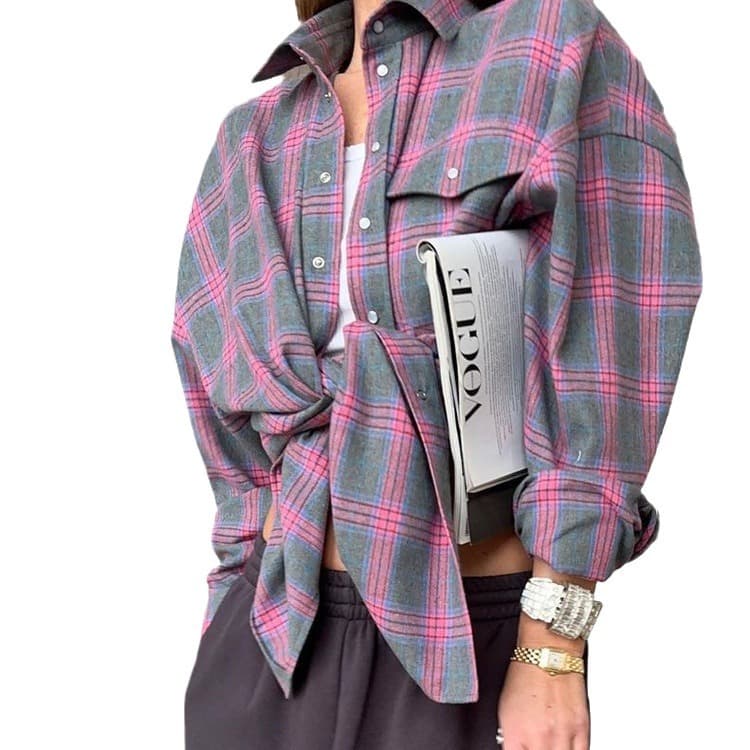 Amazon OZON cross-border women's shirt retro style loose 2025 spring autumn winter plaid long-sleeved pocket shirt versatile 6