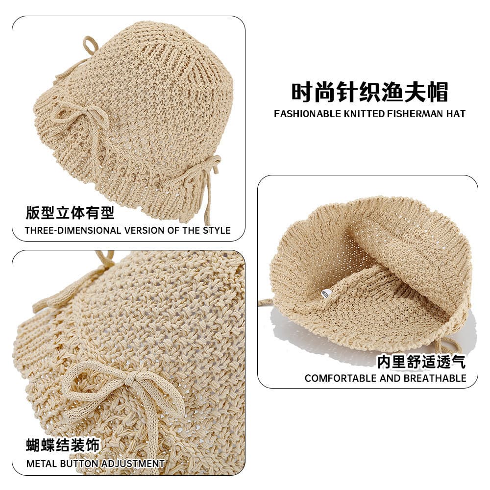 Korean accessories versatile plain knitted sunshade bow bucket hollow Japanese casual hat sun protection hat basin hat 4