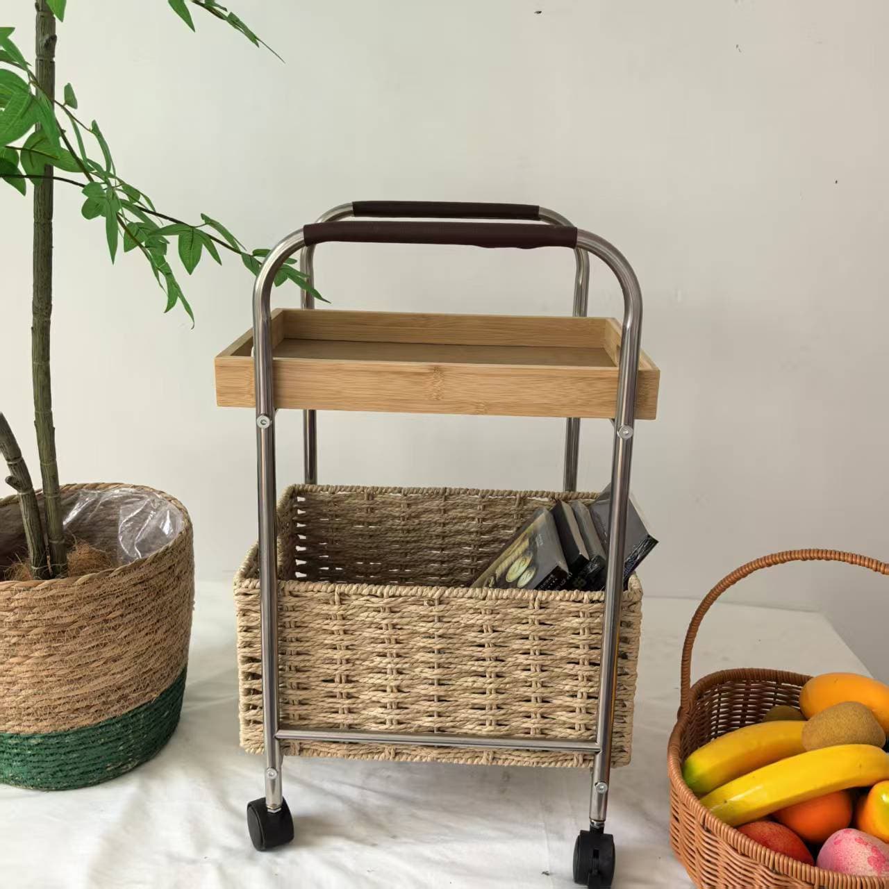 Medieval trolley home decoration paper rope braided storage rack snack rack floor-standing 2