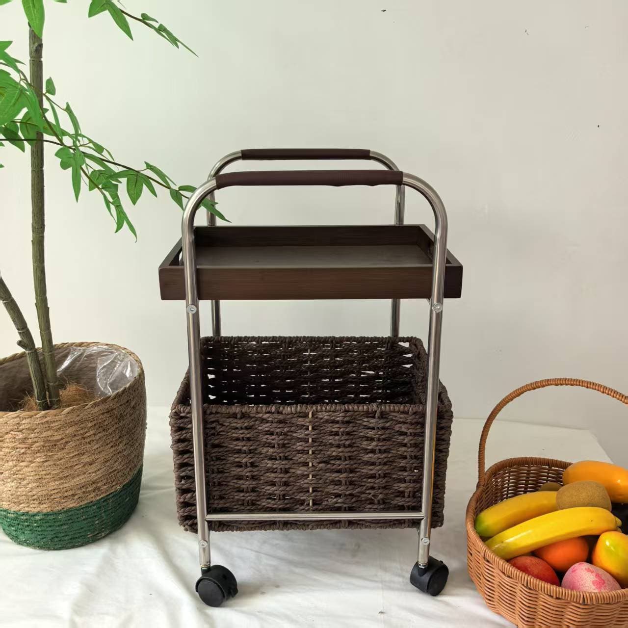 Medieval trolley home decoration paper rope braided storage rack snack rack floor-standing 7