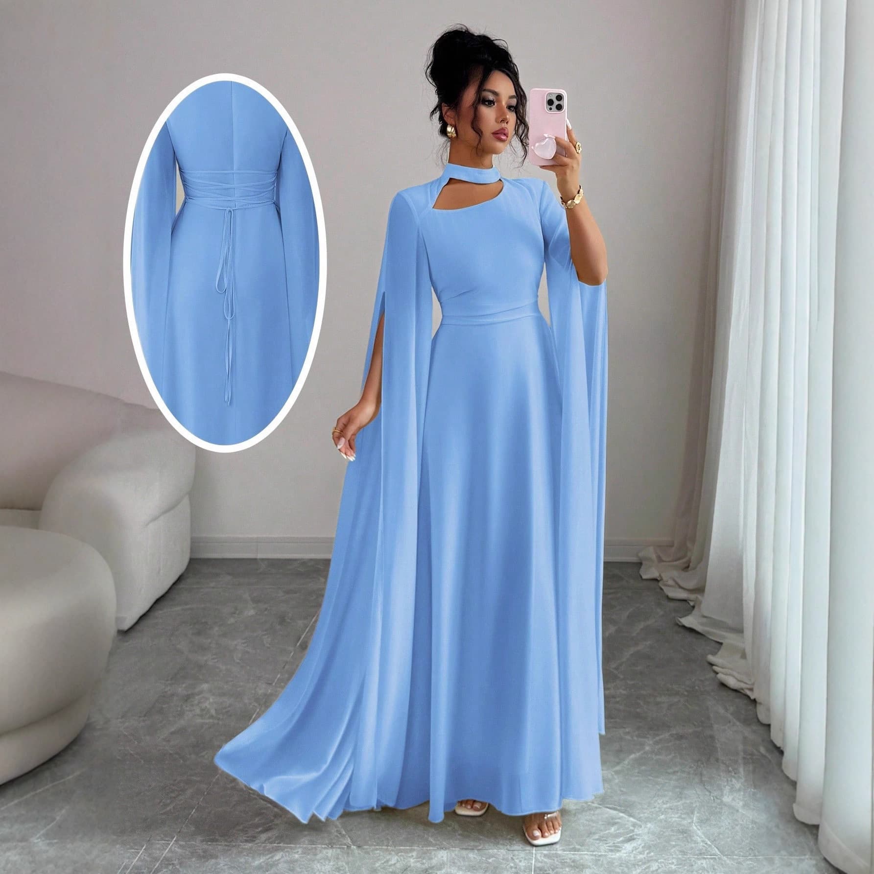 Spring and summer European and American women's lace-up party skirt, dance banquet dress, slimming waist, slimming temperament, long-sleeved dress 5
