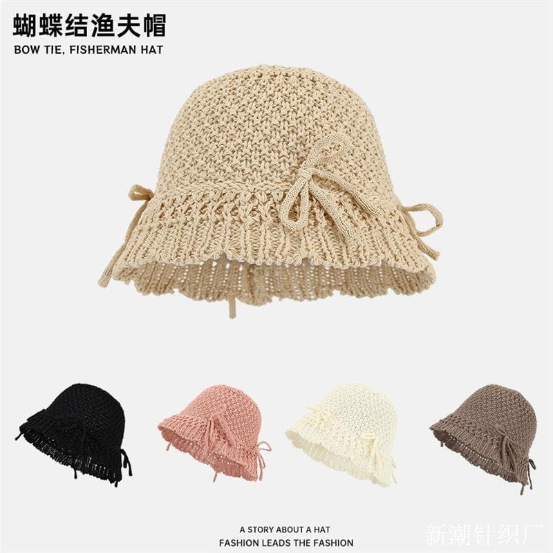 High-end Korean style versatile casual bow accessories knitted hollow bucket hat plain hat sun protection sun protection day 2