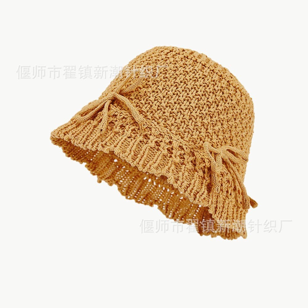 High-end Korean style versatile casual bow accessories knitted hollow bucket hat plain hat sun protection sun protection day 10
