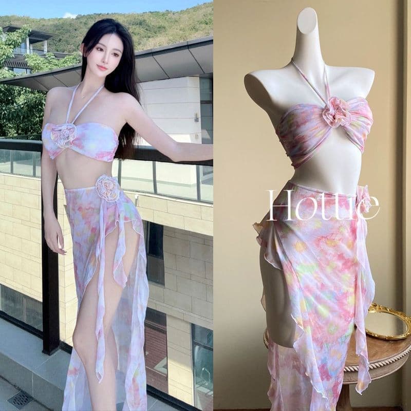 Fuchsia split swimwear, set, floral print, 3 piece set 1