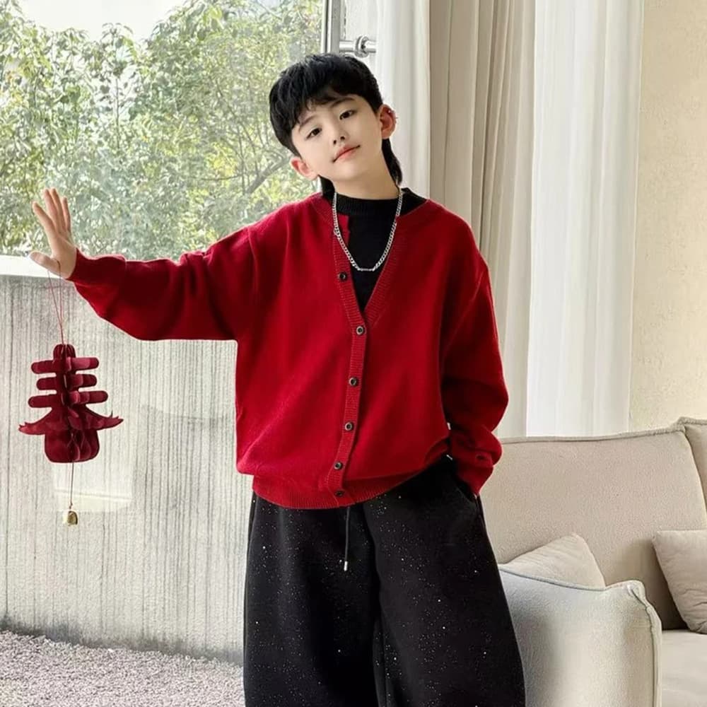 Demi-season set for boys, knitted sweater, western style, V-neckline, 2026 years, simple and elegant design 2