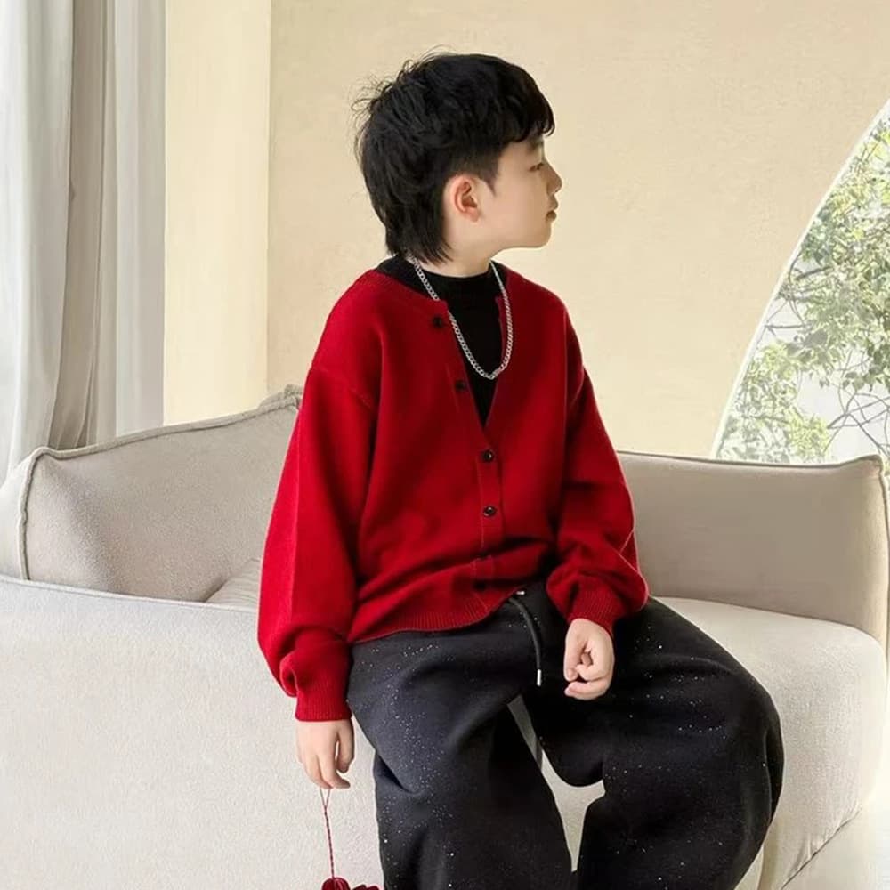 Demi-season set for boys, knitted sweater, western style, V-neckline, 2026 years, simple and elegant design 3