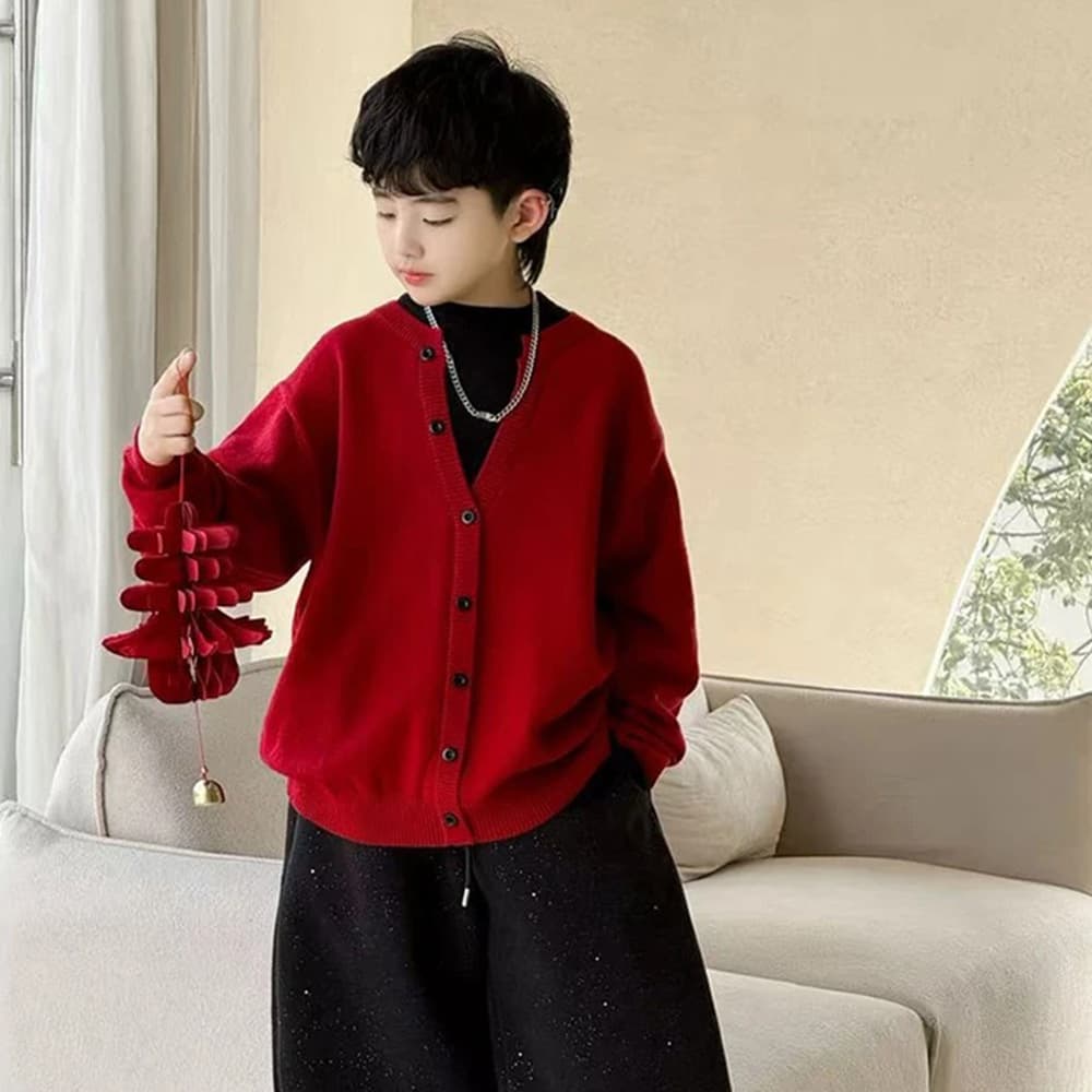 Demi-season set for boys, knitted sweater, western style, V-neckline, 2026 years, simple and elegant design 5