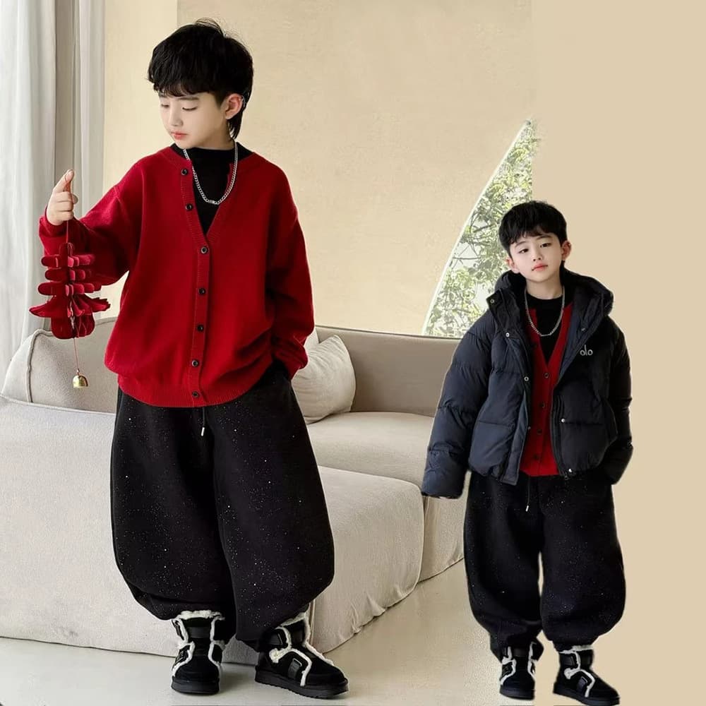 Demi-season set for boys, knitted sweater, western style, V-neckline, 2026 years, simple and elegant design 1
