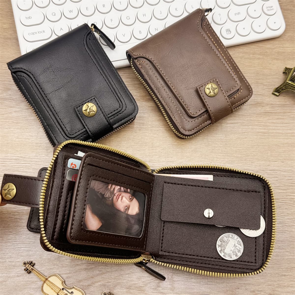 (Cross-border trading), retro wallet, capacious short storage system with zipper, Amazon, (Physicals) 2