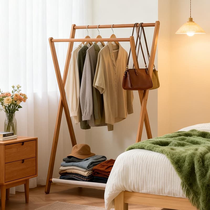 Bedroom foldable clothes hanger by the bedside. The clothes you take off at night are magical. Clothes racks are placed on the floor and clean and dry dirty clothes. 3