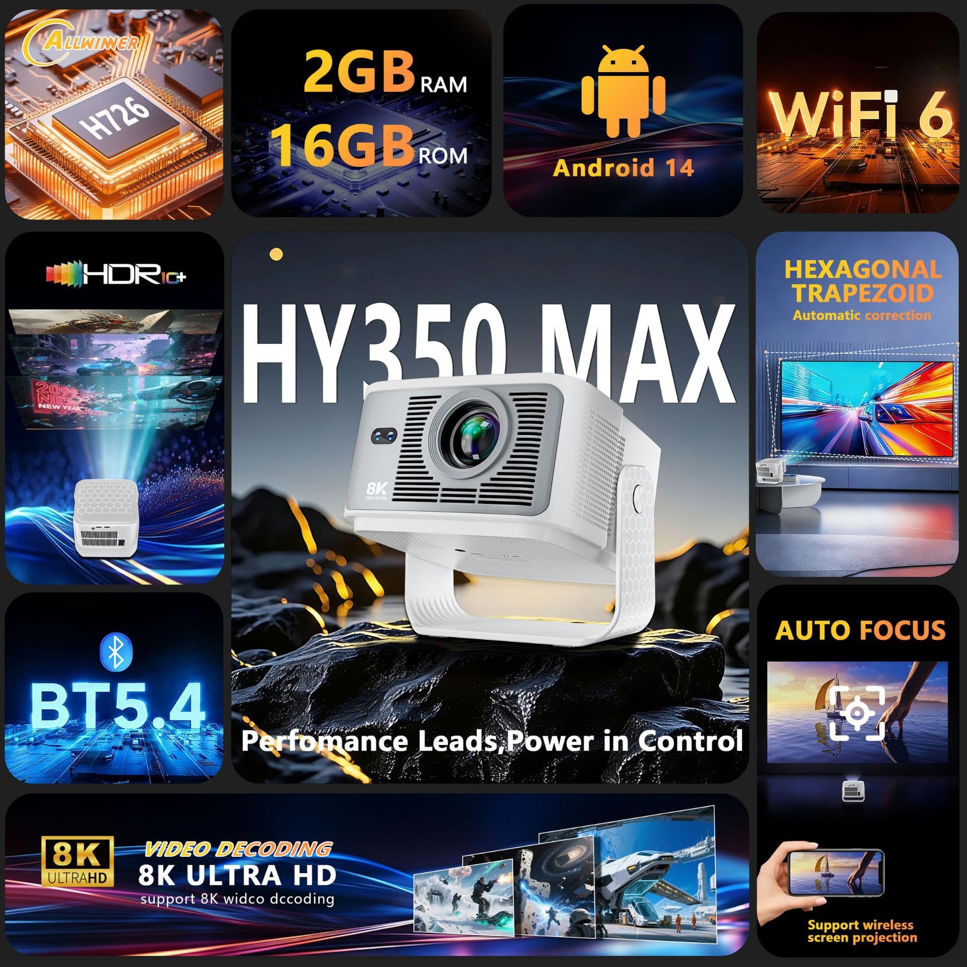 Cross-border new projector HY350MAX Android 14 projector home ultra-high definition 8K projector WiFi6BT5 2